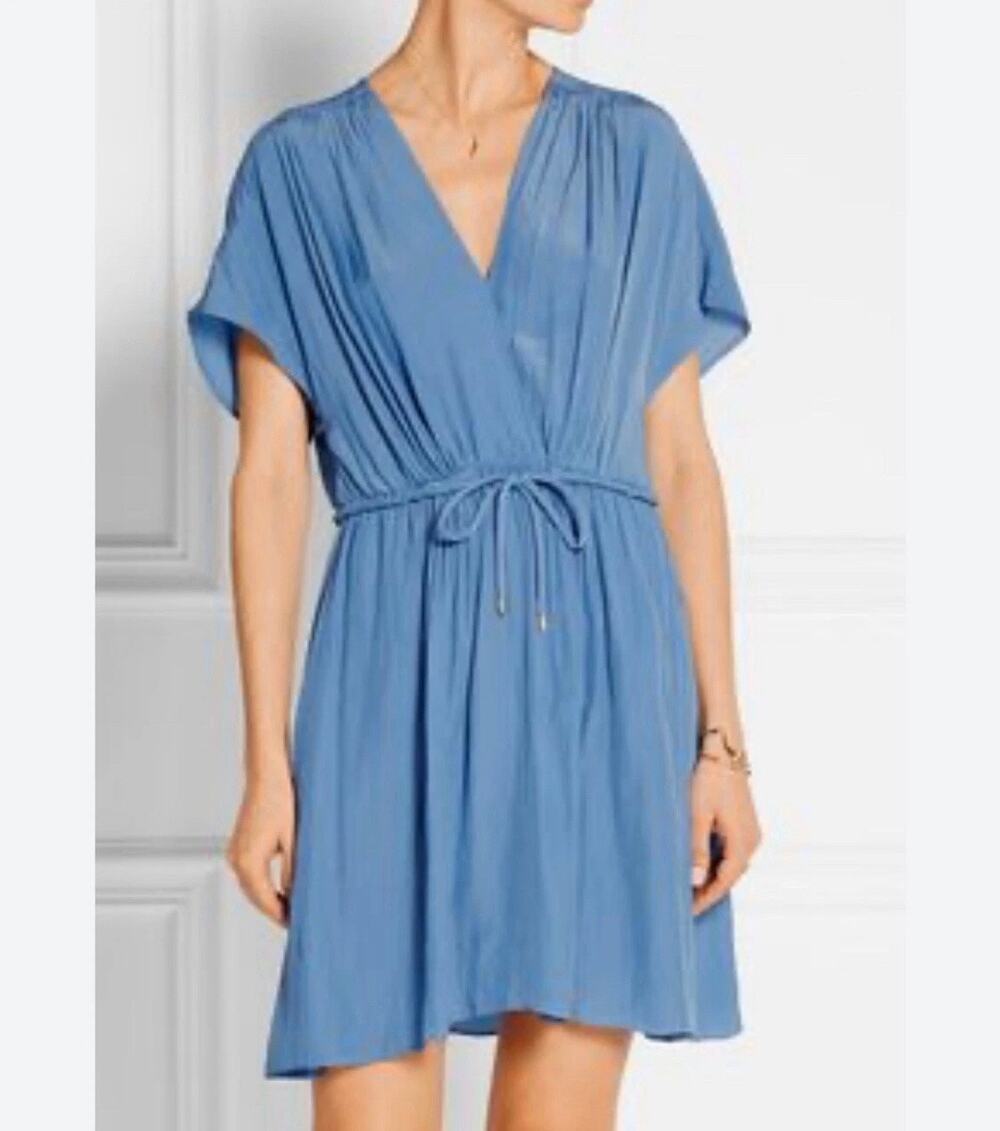 Maje Blue Satin Mini Dress Size 2/ M Faux Wrap Draw String Waist